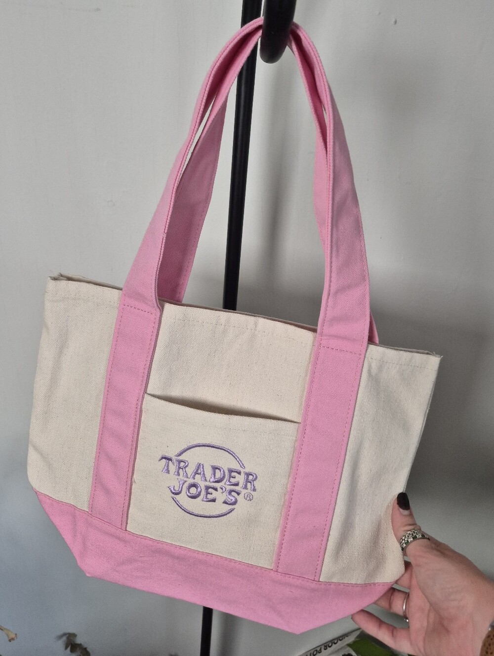 The Viral Trader Joes Mini Canvas Tote Pastel Pink And Cream - Picture 2 of 4